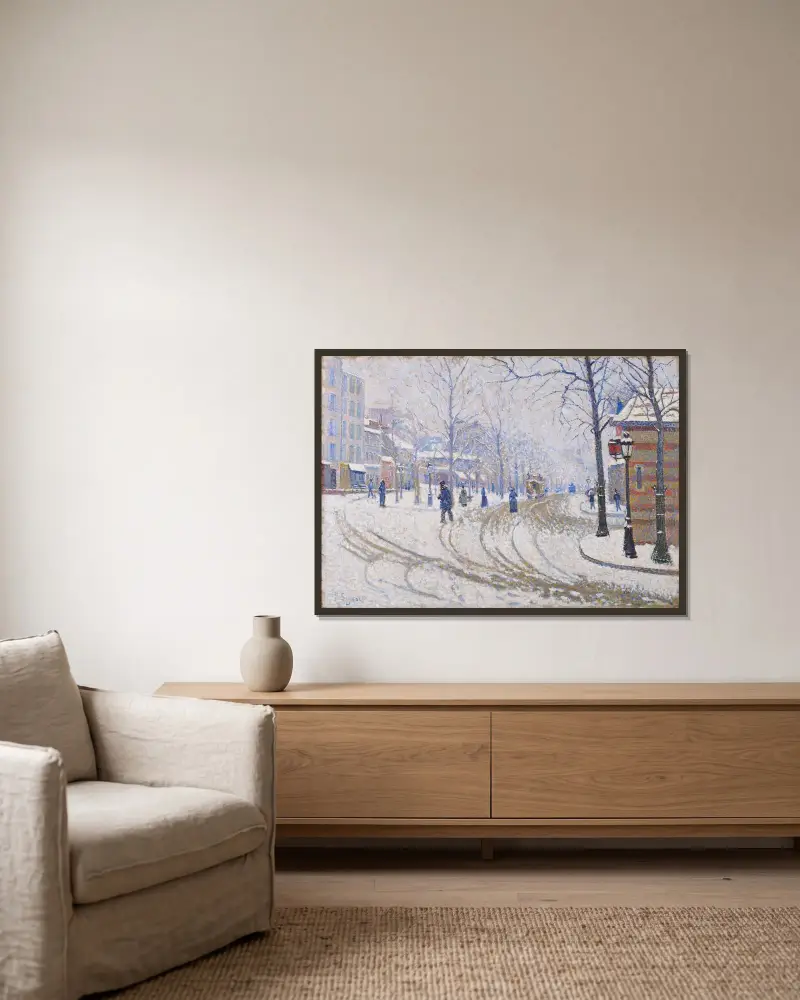 Snow, Boulevard de Clichy, Paris av Paul Signac inramad på en vägg