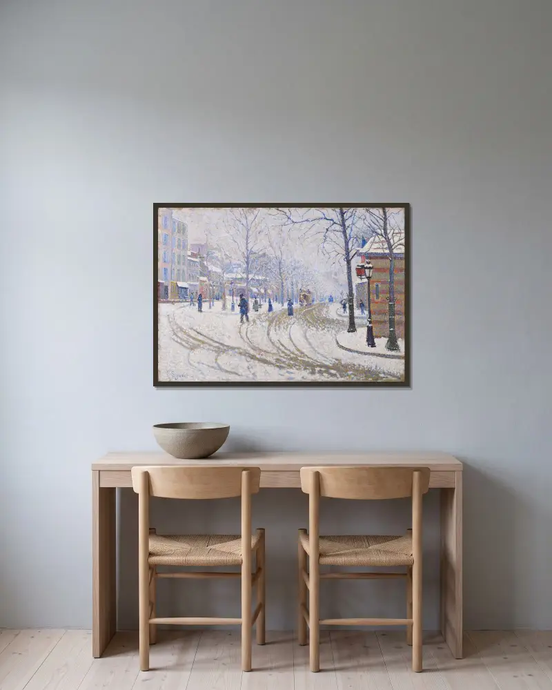 Snow, Boulevard de Clichy, Paris av Paul Signac inramad på en vägg