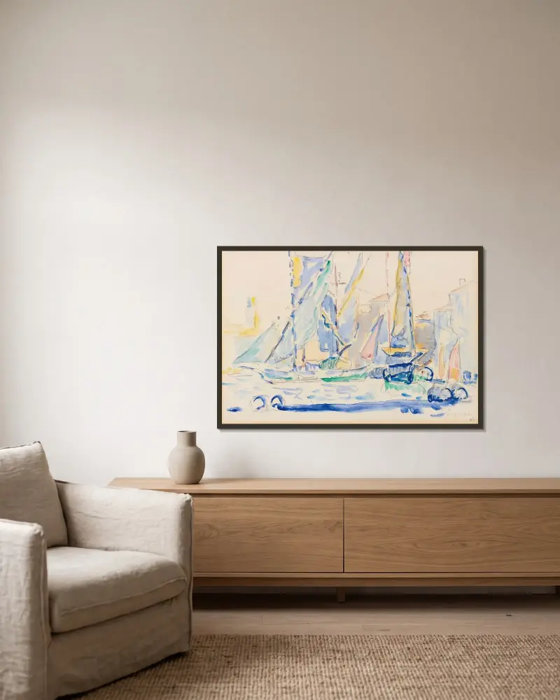 St. Tropez, Tartanes Au Port av Paul Signac inramad på en vägg