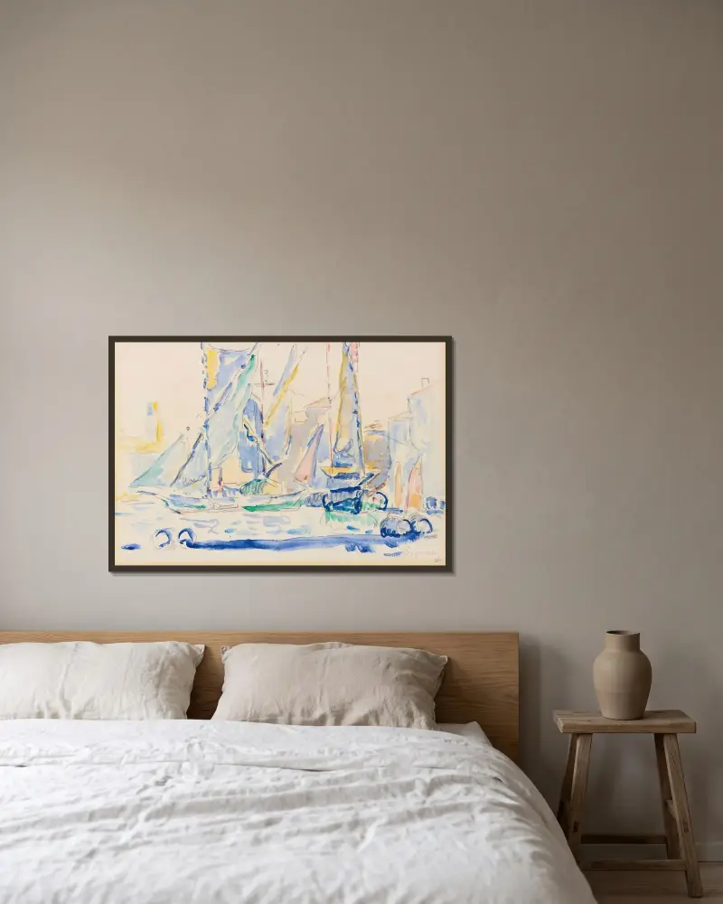 St. Tropez, Tartanes Au Port av Paul Signac inramad på en vägg