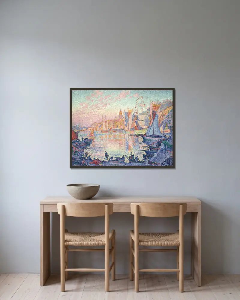 Hamnen i Saint-Tropez av Paul Signac inramad på en vägg