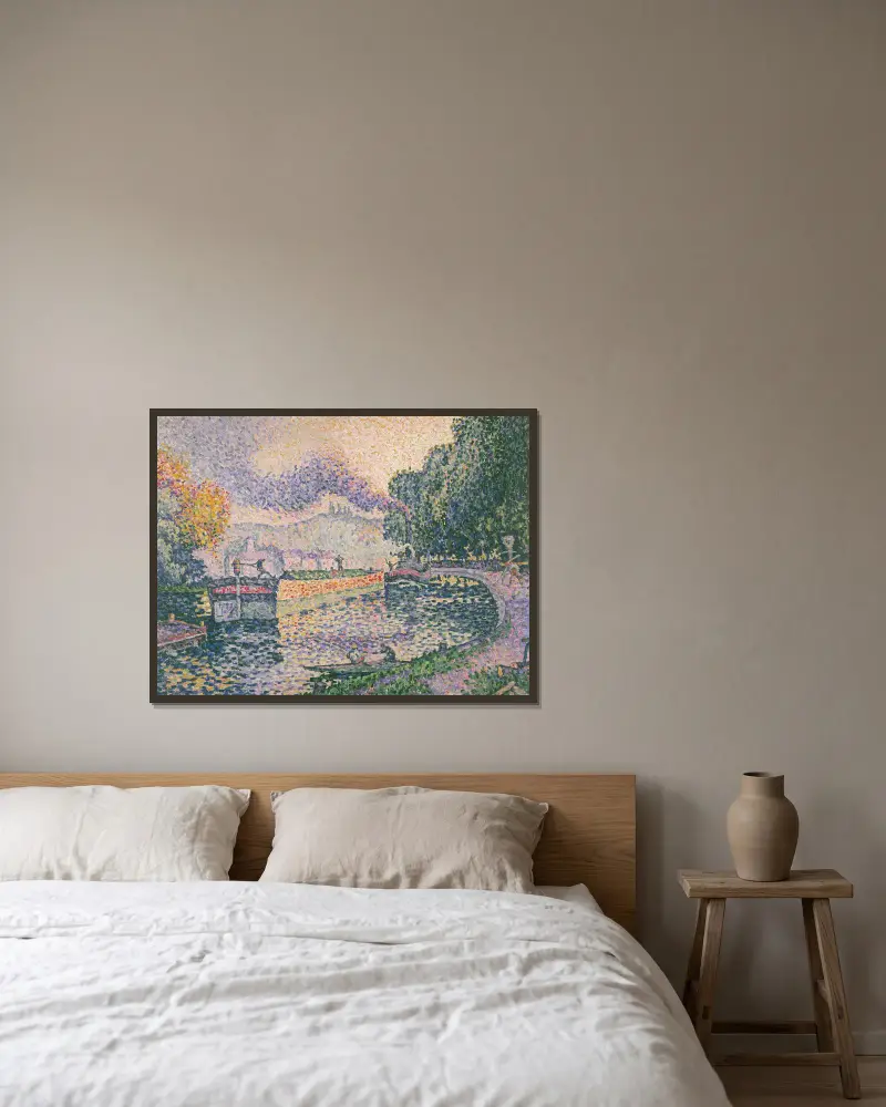 The Tugboat, Canal in Samois av Paul Signac inramad på en vägg
