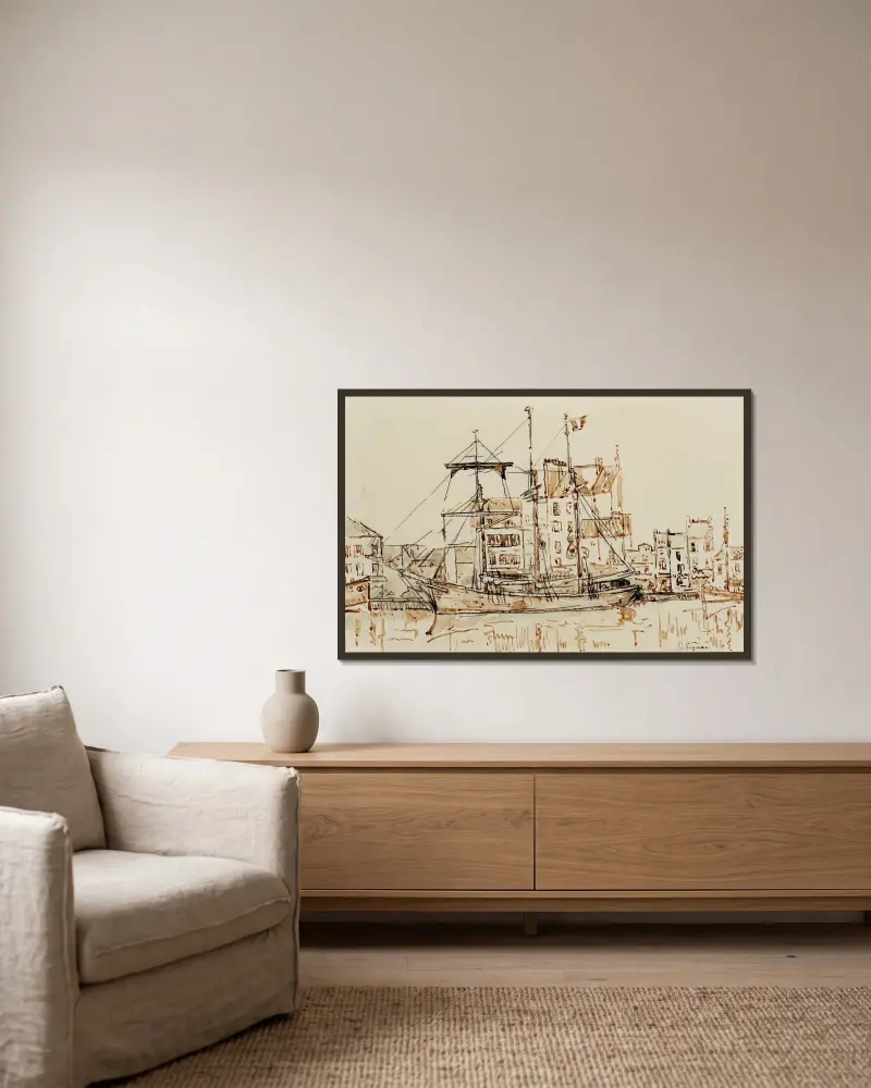Trois-mâts au port av Paul Signac inramad på en vägg