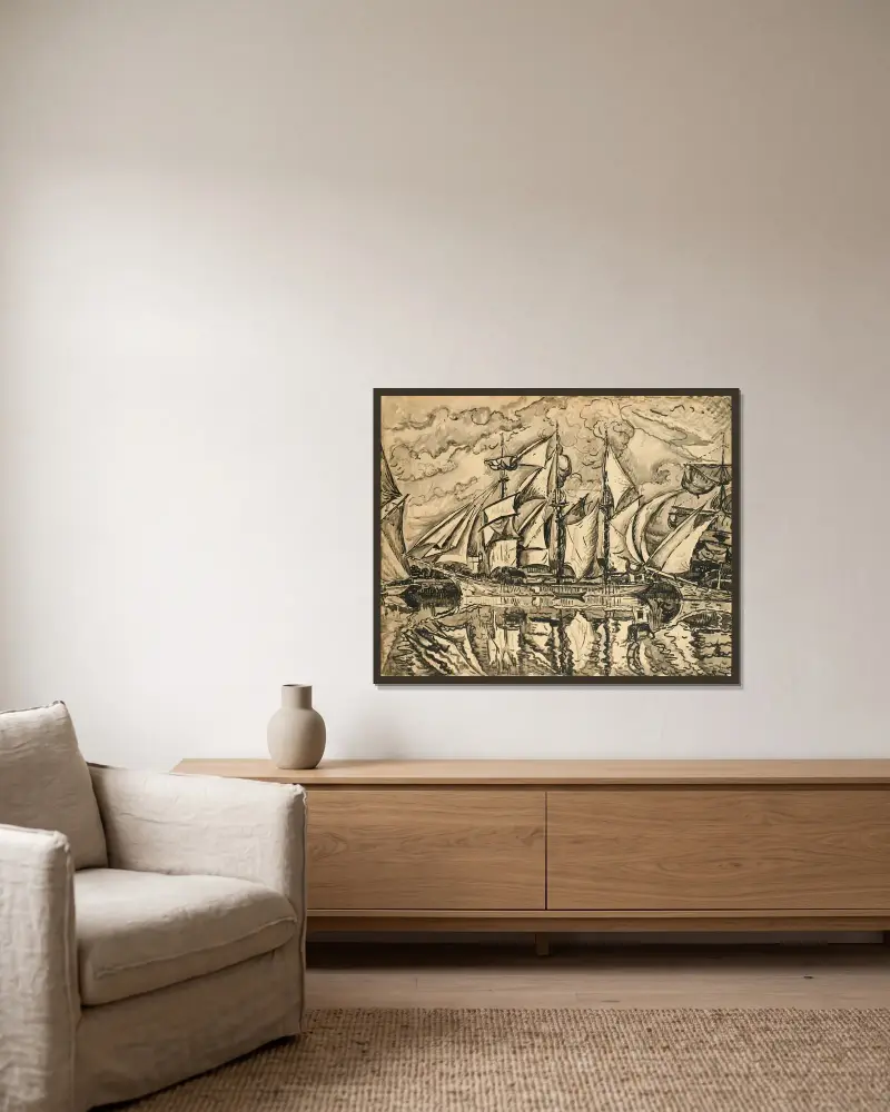 Dreimastiger Bankfischkutter. Segel zum Trocknen. Saint-Malo von Paul Signac gerahmt an einer Wand