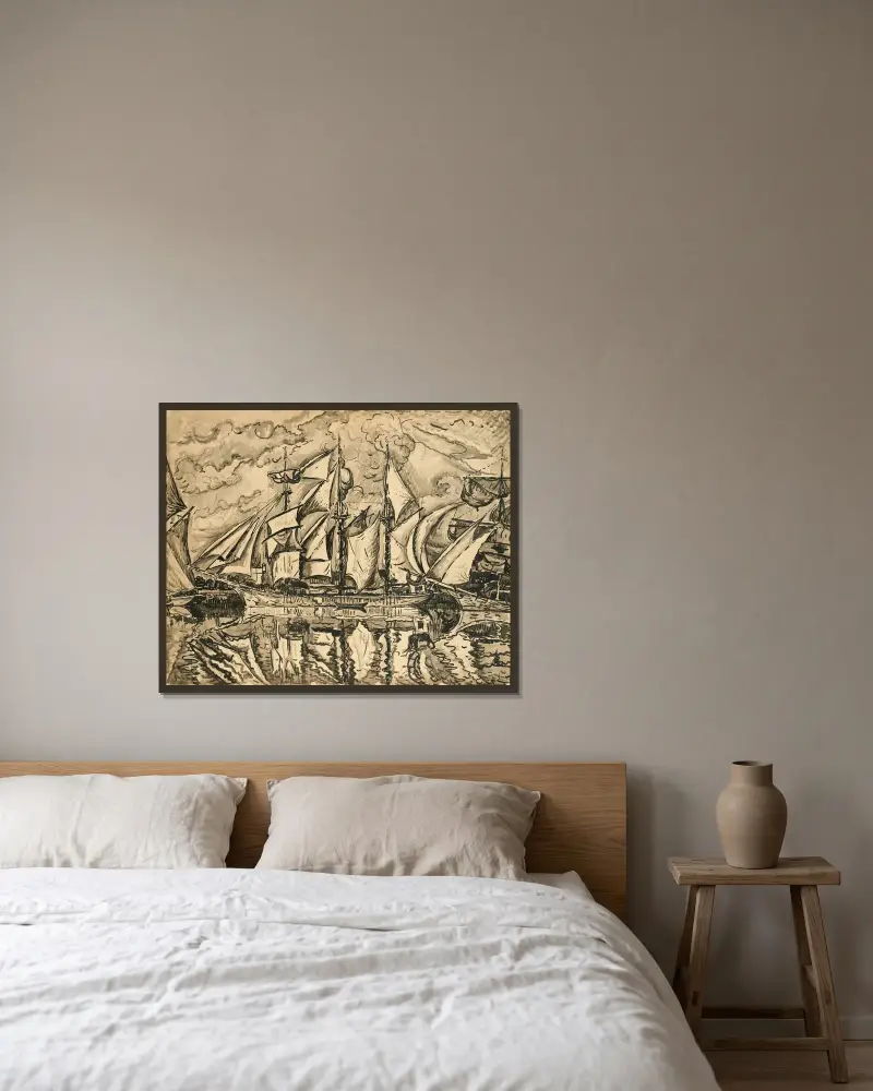 Dreimastiger Bankfischkutter. Segel zum Trocknen. Saint-Malo von Paul Signac gerahmt an einer Wand