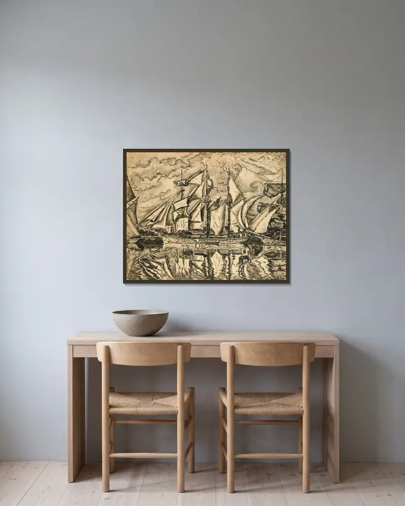 Dreimastiger Bankfischkutter. Segel zum Trocknen. Saint-Malo von Paul Signac gerahmt an einer Wand