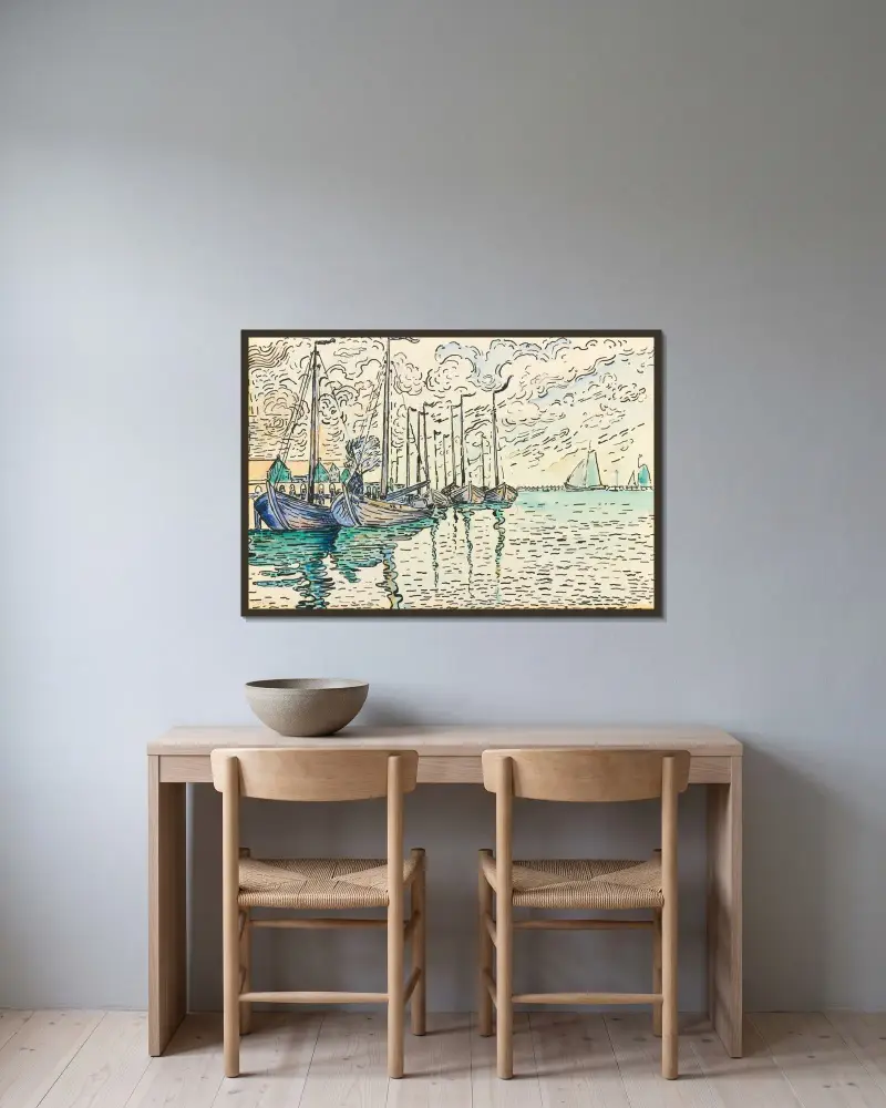 Volendam, Barques De Pêche av Paul Signac inramad på en vägg