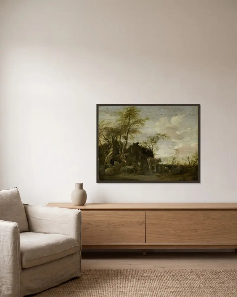 Die Hütte eines Hirten von Paulus Potter gerahmt an einer Wand