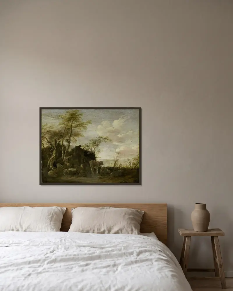 Die Hütte eines Hirten von Paulus Potter gerahmt an einer Wand