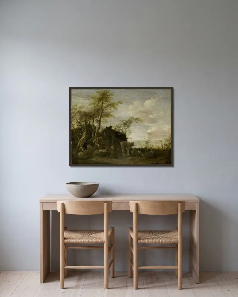 Die Hütte eines Hirten von Paulus Potter gerahmt an einer Wand