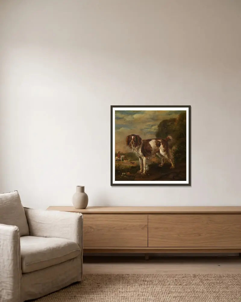 Ein Spaniel von Paulus Potter gerahmt an einer Wand