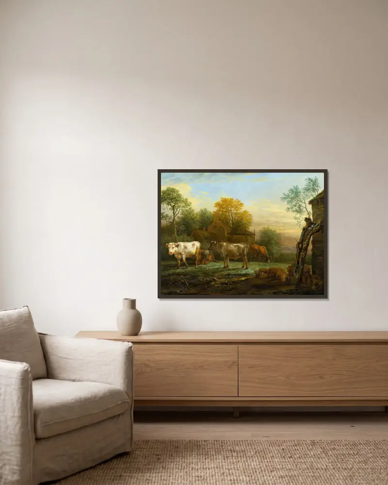 Vieh auf einer Weide von Paulus Potter gerahmt an einer Wand
