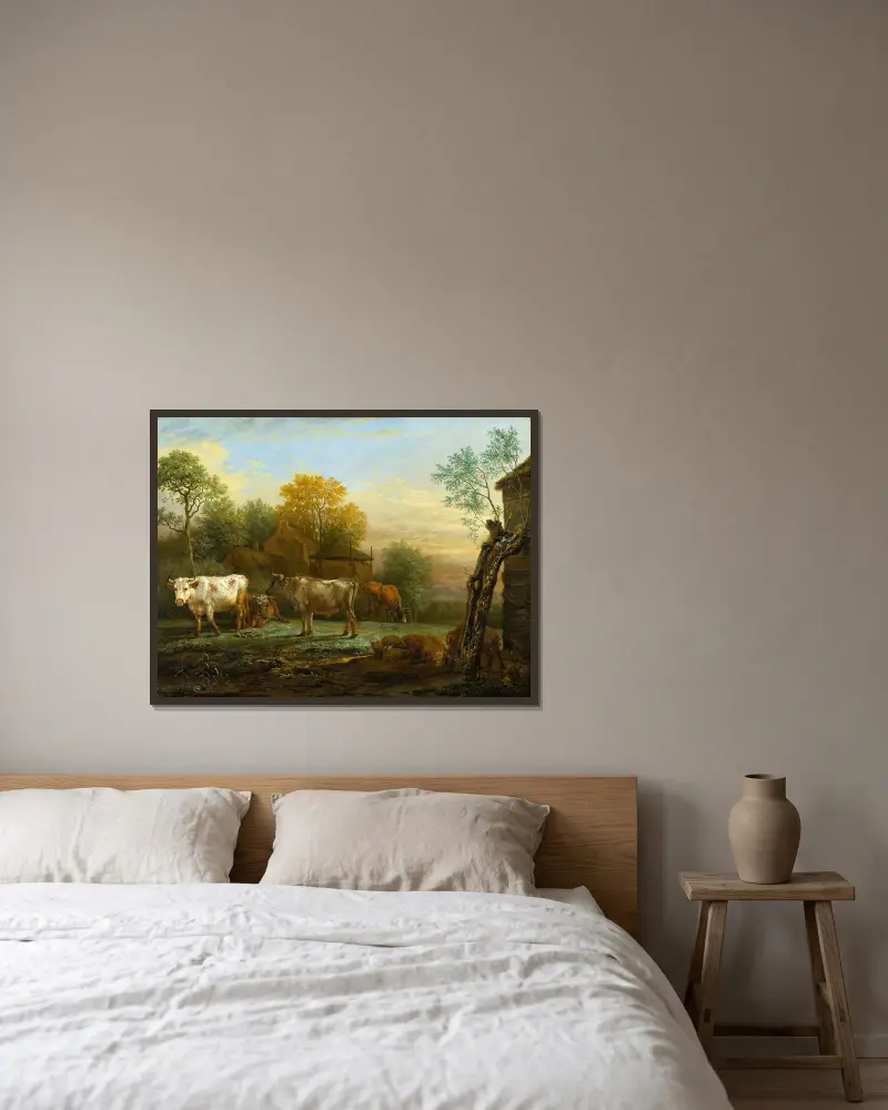 Vieh auf einer Weide von Paulus Potter gerahmt an einer Wand