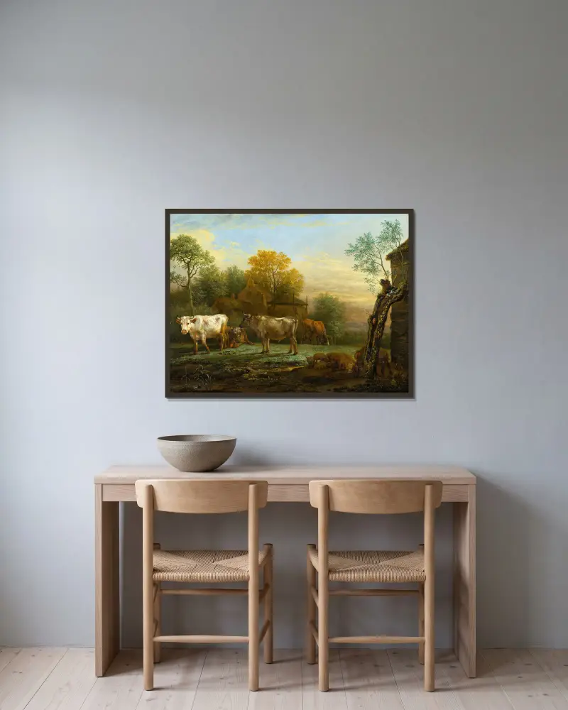 Vieh auf einer Weide von Paulus Potter gerahmt an einer Wand