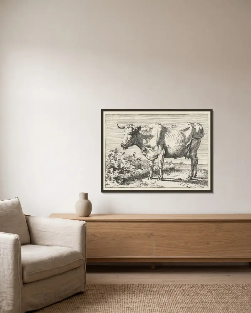 Kuh mit verdrehtem Horn von Paulus Potter gerahmt an einer Wand