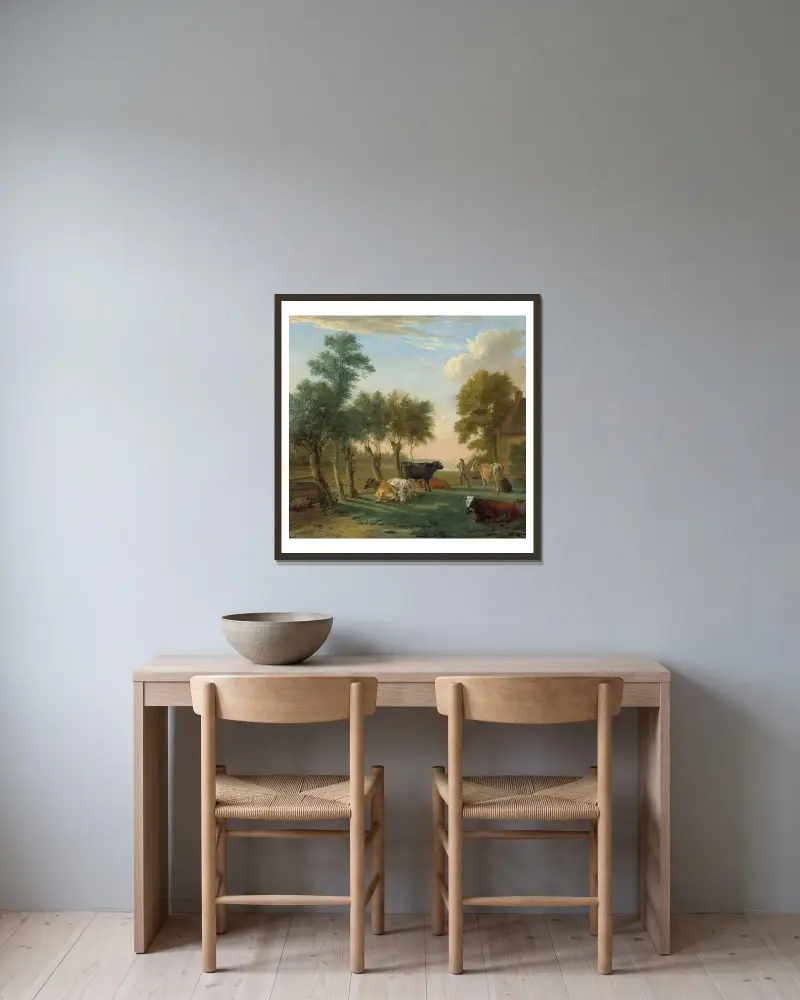 Kor på en äng nära en gård av Paulus Potter inramad på en vägg