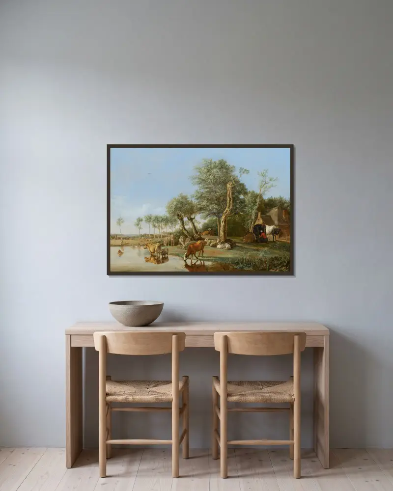 Kühe im Wasser gespiegelt von Paulus Potter gerahmt an einer Wand