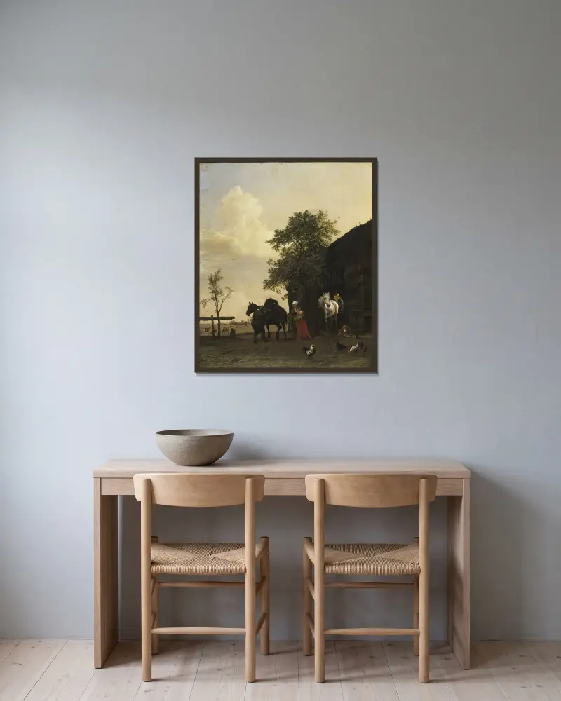 Figuren mit Pferden bei einem Stall von Paulus Potter gerahmt an einer Wand