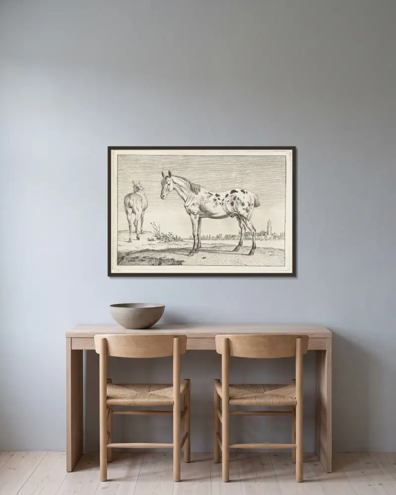 Das geschorene Pferd (Pferde) von Paulus Potter gerahmt an einer Wand