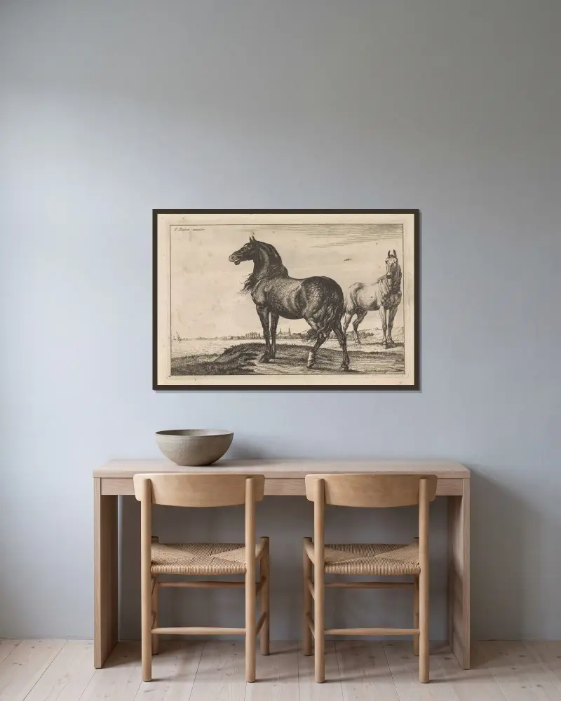 Hinnikend paard Paarden av Paulus Potter inramad på en vägg