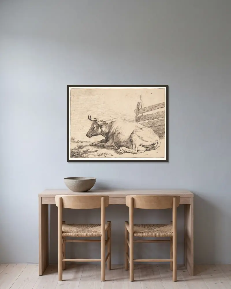 Ko liggende ved et hegn av Paulus Potter inramad på en vägg