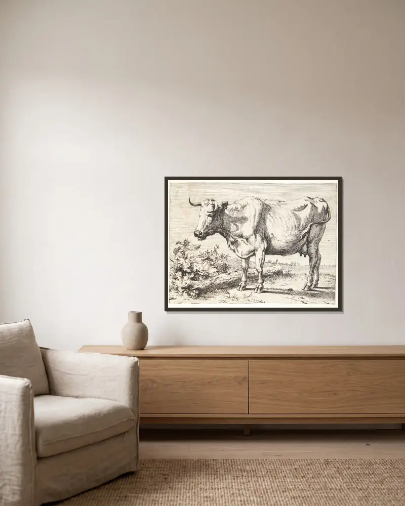 Ko med krøllede horn av Paulus Potter inramad på en vägg