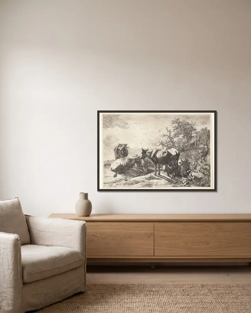 Die Kuhherde, 1643 von Paulus Potter gerahmt an einer Wand