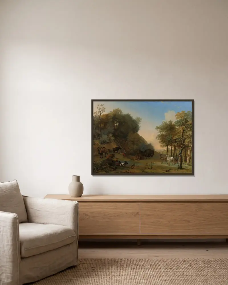 Orpheus und die Tiere von Paulus Potter gerahmt an einer Wand