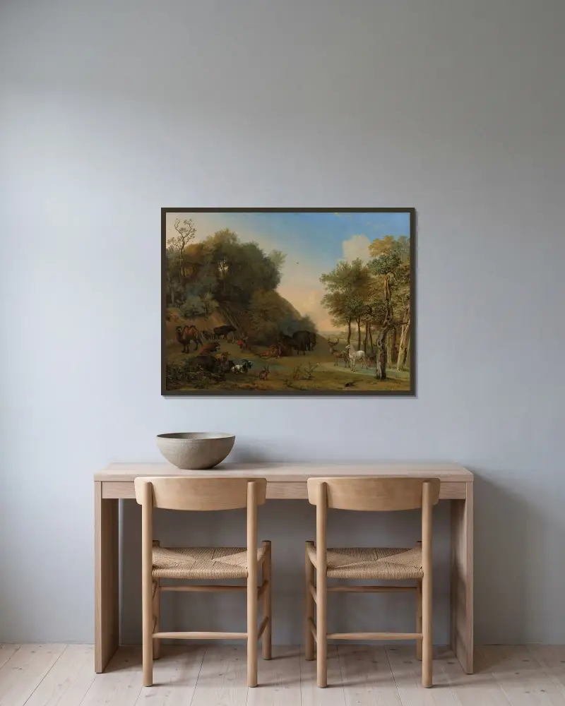 Orpheus und die Tiere von Paulus Potter gerahmt an einer Wand