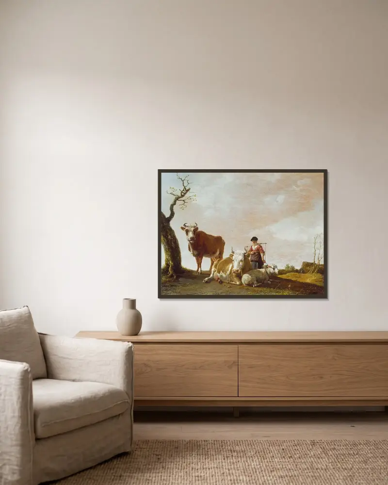 Die Milchmagd von Paulus Potter gerahmt an einer Wand