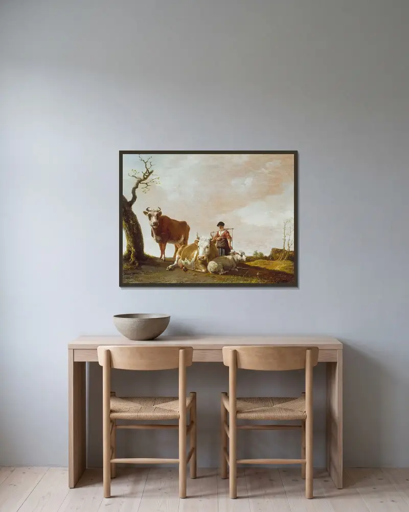 Die Milchmagd von Paulus Potter gerahmt an einer Wand