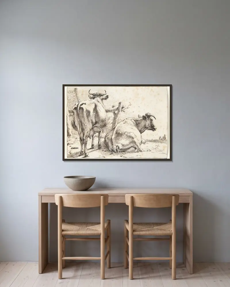 Dwie krowy widziane od tyłu, 1650 – nr 1, Paulus Potter w ramie na ścianie