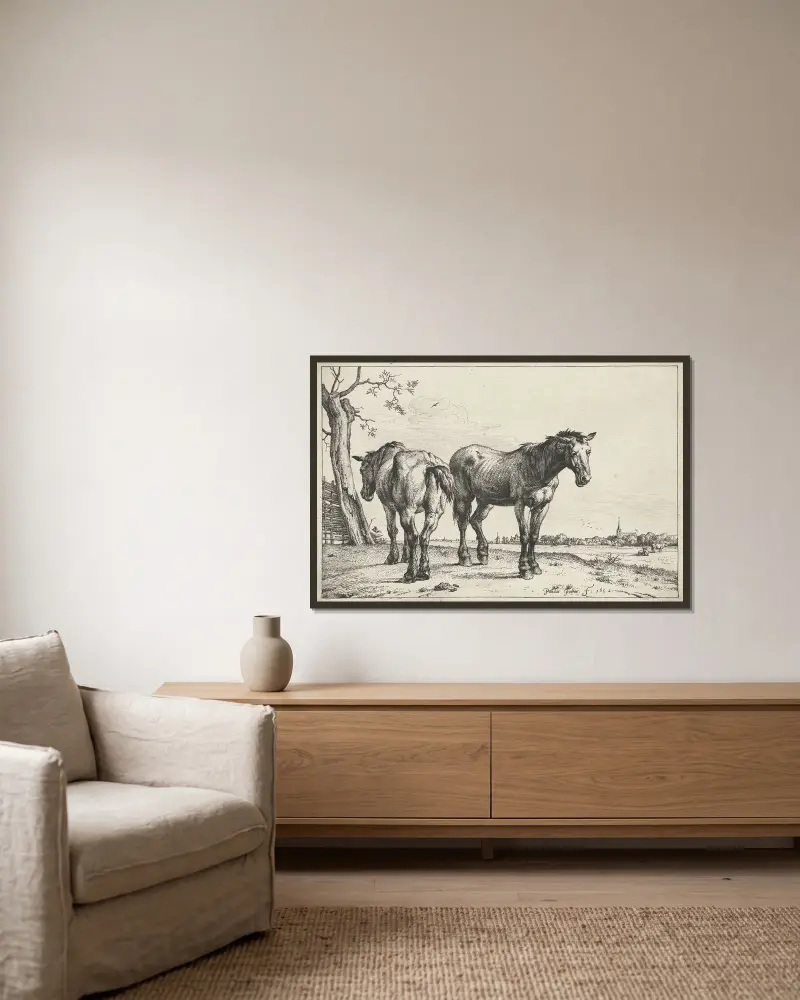 Zwei Zugpferde von Paulus Potter gerahmt an einer Wand