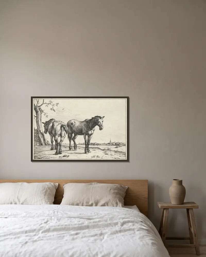 Zwei Zugpferde von Paulus Potter gerahmt an einer Wand