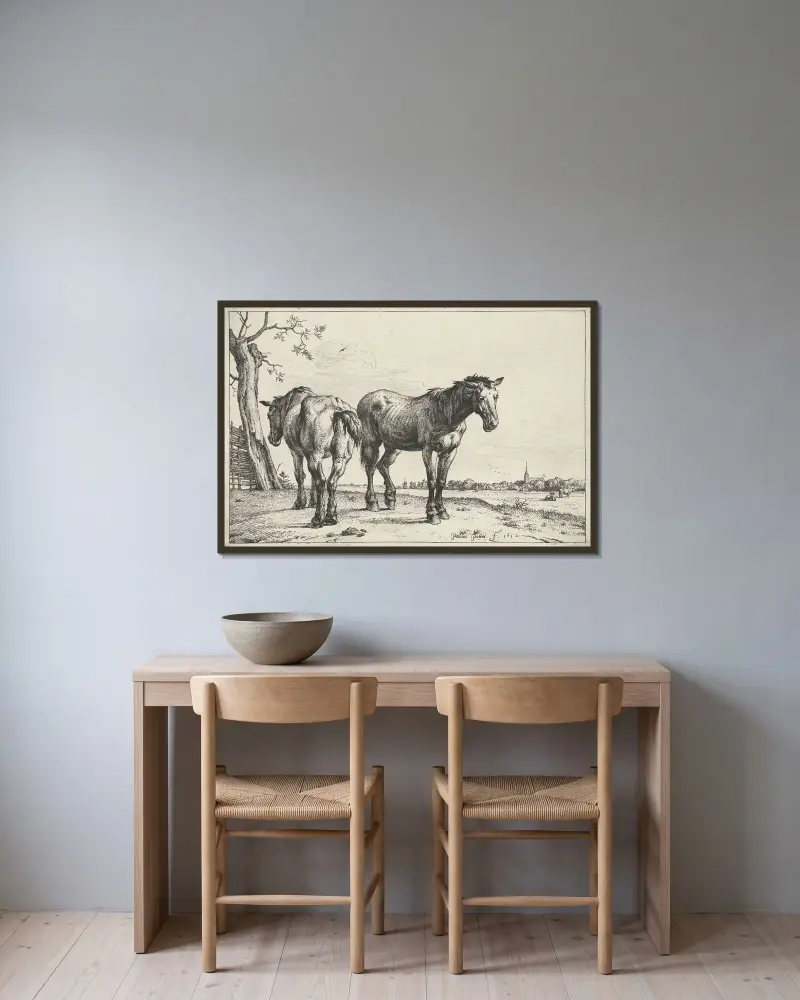 Zwei Zugpferde von Paulus Potter gerahmt an einer Wand