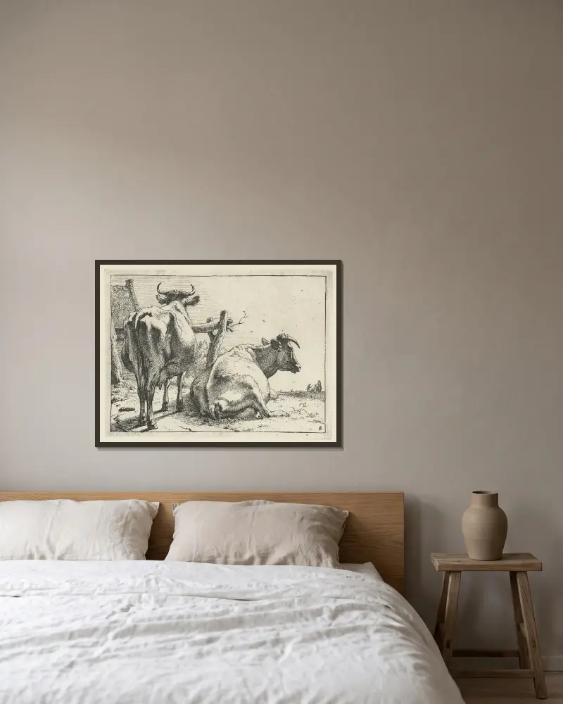 Zwei Kühe von hinten gesehen, 1650 – Nr. 2 von Paulus Potter gerahmt an einer Wand