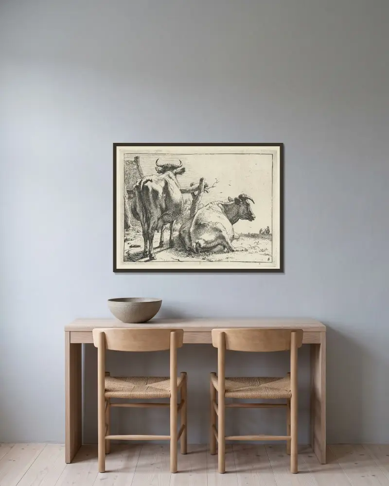 Zwei Kühe von hinten gesehen, 1650 – Nr. 2 von Paulus Potter gerahmt an einer Wand