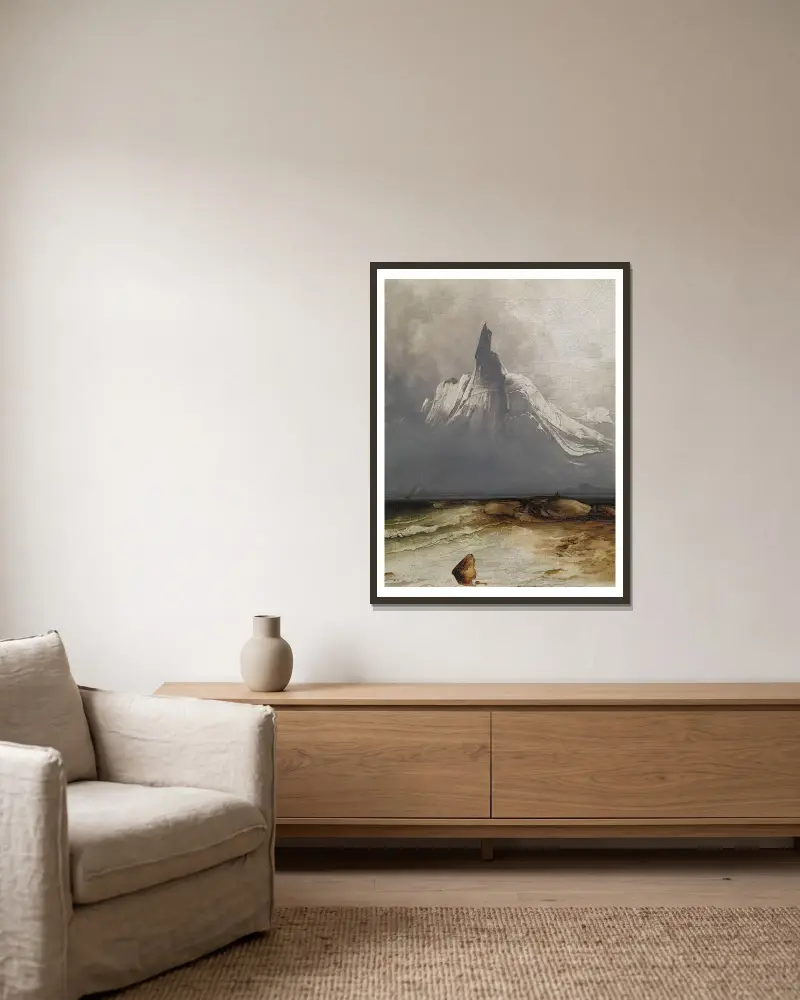 Stetind in Fog av Peder Balke inramad på en vägg