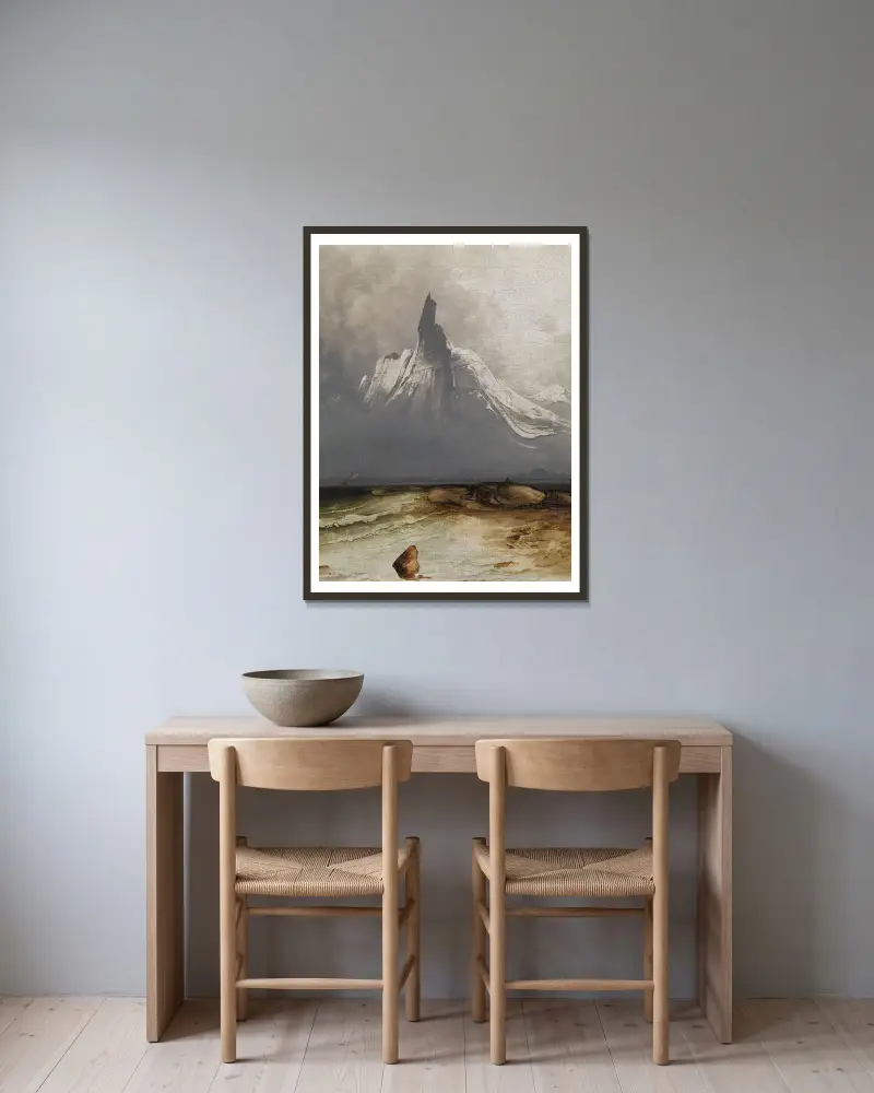 Stetind in Fog av Peder Balke inramad på en vägg