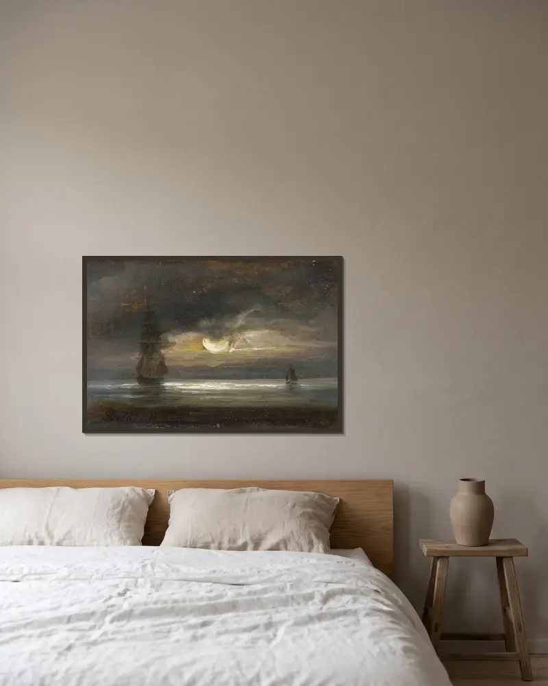 Zwei Segelboote im Mondlicht von Peder Balke gerahmt an einer Wand