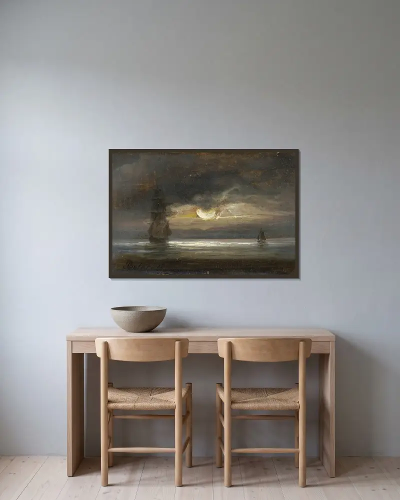 Zwei Segelboote im Mondlicht von Peder Balke gerahmt an einer Wand