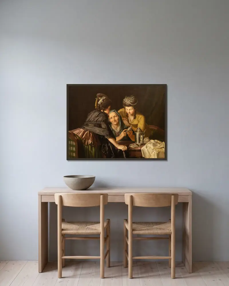 Bei der Wahrsagerin von Pehr Hilleström gerahmt an einer Wand