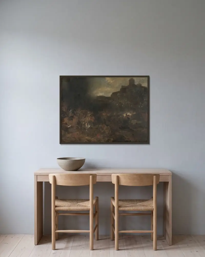 Landskap med lappar av Pehr Hilleström inramad på en vägg