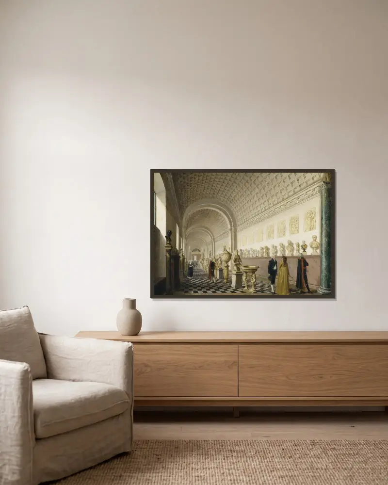 Den inre galleriet i Kungliga museet på Kungliga slottet, Stockholm av Pehr Hilleström inramad på en vägg