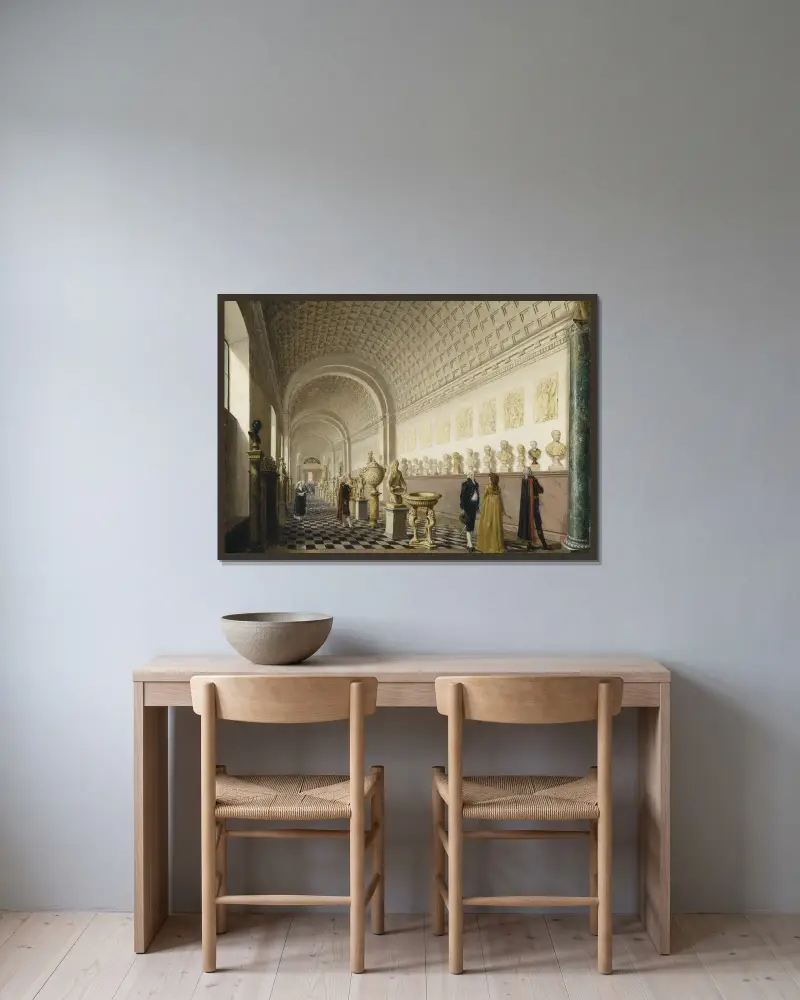 Den inre galleriet i Kungliga museet på Kungliga slottet, Stockholm av Pehr Hilleström inramad på en vägg