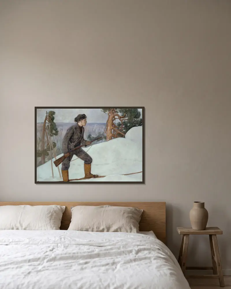 Der Luchsjäger von Pekka Halonen gerahmt an einer Wand
