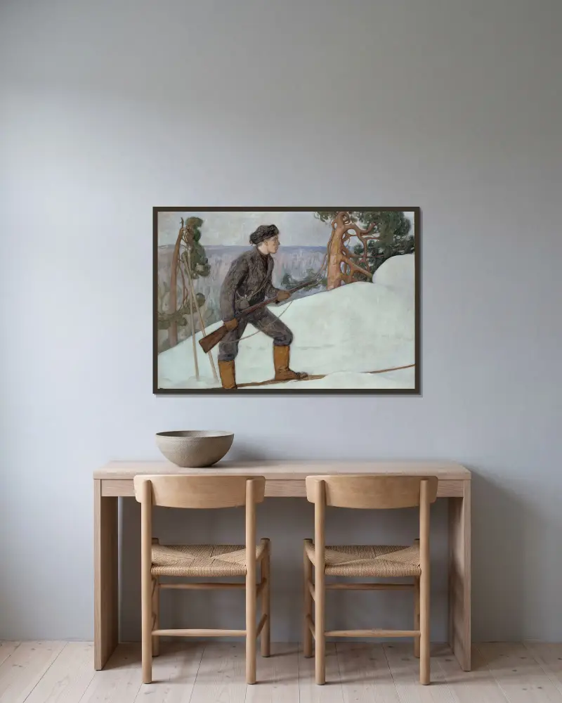 Der Luchsjäger von Pekka Halonen gerahmt an einer Wand