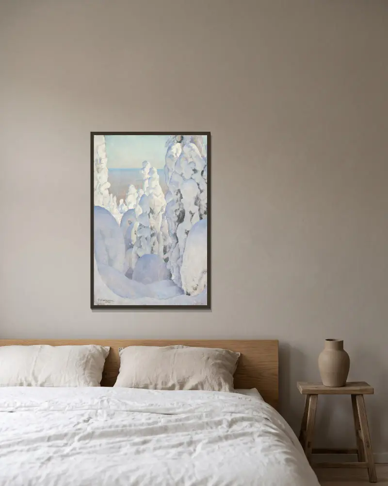 Winterlandschaft, Kinahmi von Pekka Halonen gerahmt an einer Wand