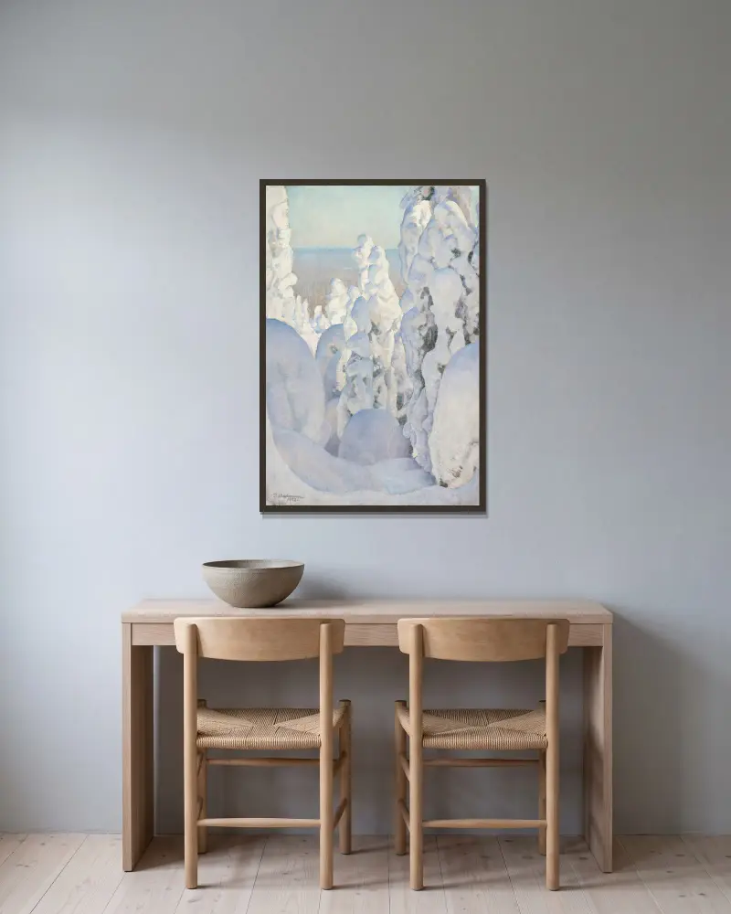 Winterlandschaft, Kinahmi von Pekka Halonen gerahmt an einer Wand