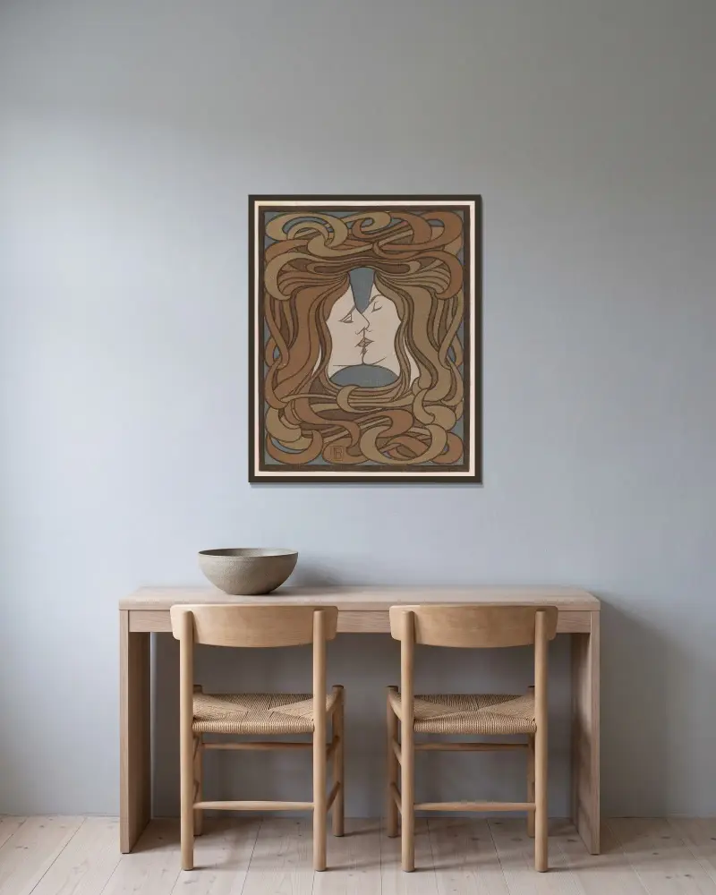 Der Kuss, 1898 – Nr. 2 von Peter Behrens gerahmt an einer Wand